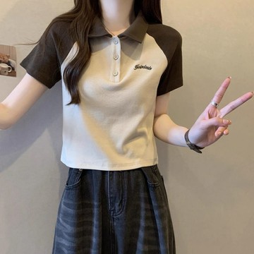 台灣出貨 大碼胖mm夏裝時尚休閒POLO領遮肉顯瘦T恤刺繡撞色短袖上衣女 polo衫短袖女 大碼女裝 短袖t恤