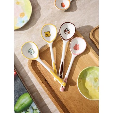陶瓷勺子可愛卡通兒童吃飯湯匙瓷調羹小勺子長柄湯勺家用單個商用
