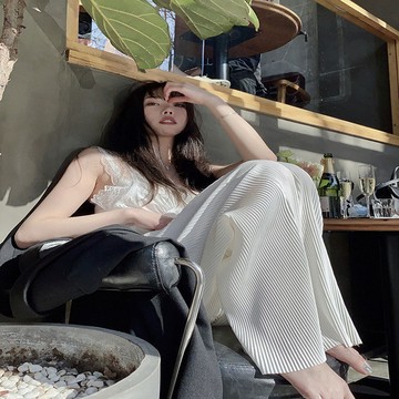 直筒休閒褲冰絲百褶皺闊腿褲女寬松垂感拖地防曬蚊褲高腰顯瘦百搭夏