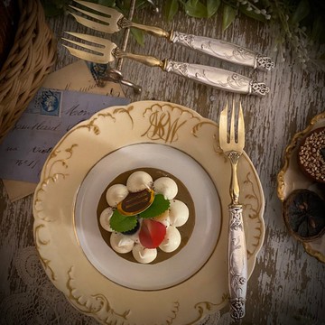 法國Art Nouveau時期花卉線條紋飾 纯銀柄黃銅蛋糕叉