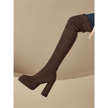 2024年秋冬長靴女11cm方頭粗跟超高跟防水臺過膝靴棕色彈力瘦瘦靴