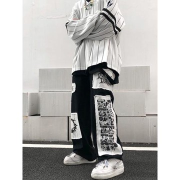 Men's cartoon stickers straight overalls  男士貼布直筒工裝褲