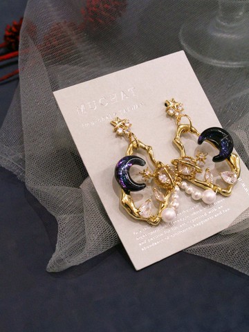 暗夜星月。MUCHAT手作14+18KGP鏤空星月珍珠純銀針耳環