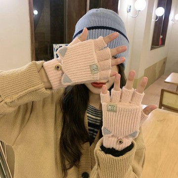 翻蓋半指手套🔥女生冬季加絨加厚手套 可愛露指保暖手套 春秋學生寫字手套 五指防寒手套 冬天女生手套 學生保暖手套