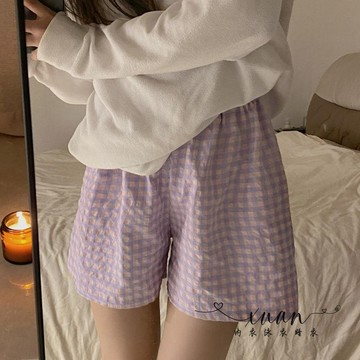 Xuan♥ 夏天新款女短褲高腰顯瘦闊腿褲寬松休閑ins風格子可外出運動睡褲