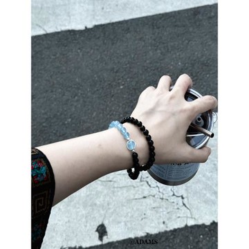 S925純銀天然黑曜石手串海藍寶高級感雙圈疊戴手鏈招財好運防小人