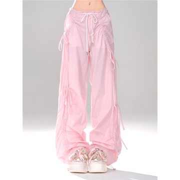 kellykitty半融甜巧 粉色闊腿褲女夏薄款褲子休閑寬松直筒長褲