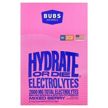 BUBS Naturals, Hydrate or Die®，電解質混合飲品，什錦漿果味，20 條，每條 0.43 盎司（12.3 克）