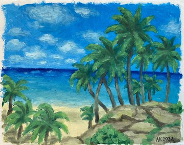 棕櫚樹島油畫，海灘風景，自然藝術，海洋插畫，