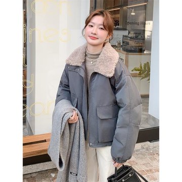 羊羔毛領灰色工裝羽絨棉服女冬季2025新款短款美式復古派克服棉衣
