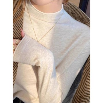 杏色半高領卷邊長袖針織衫女春秋毛衣配大衣的內搭打底衫保暖上衣