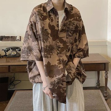 【二十三歲】臺灣出貨襯衫男夏季薄款美式復古印花短袖襯衣百搭ins高街休閒寬鬆上衣服