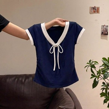 純棉韓系v領百搭系帶短袖t恤女夏季新款多巴胺純欲風修身顯瘦上衣