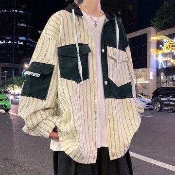 小香風外套男2024春秋新款設計感條紋拼接上衣高級感痞帥工裝夾克