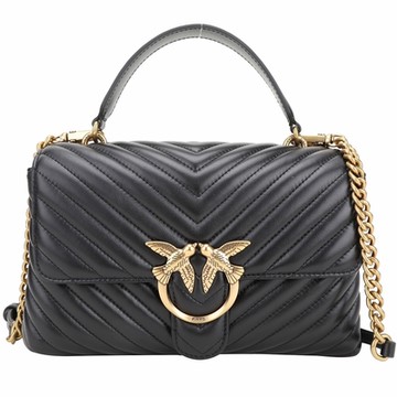 PINKO Love Birds 燕子銅釦V型絎縫羊皮手提/斜背包(黑色)