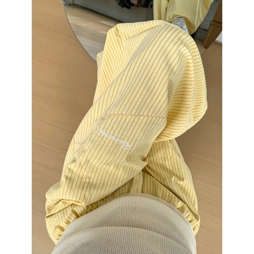loannina 黃色 條紋休閒褲 美式復古 休閒長褲 oversize 百搭 高腰鬆緊腰 抽繩 落地褲 運動褲 女