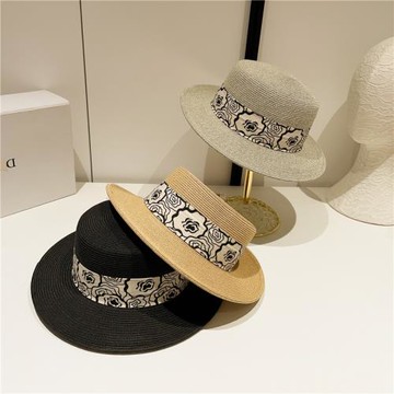 法式英倫印花平頂草帽女夏大檐草編禮帽出游沙灘帽海邊遮陽防曬帽