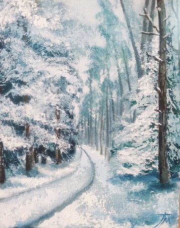 油畫。冬季景觀。冬季繪畫。原創藝術