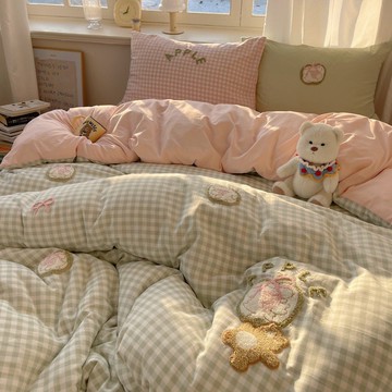 A類水洗棉毛巾繡床包組 四件套 床包款 裸睡親膚 純色格子 ins床單 被套 宿舍三件套 雙人 雙人加大床包四件組