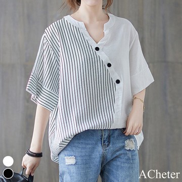 【ACheter】文藝大碼時尚拼接條紋棉麻上衣# 112049(現貨+預購)