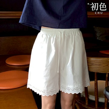 初色 休閒風薄款寬鬆純色鏤空花邊拼接抽繩高腰鬆緊腰口袋休閒褲寬褲短褲-白色-12924(M-XL可選)