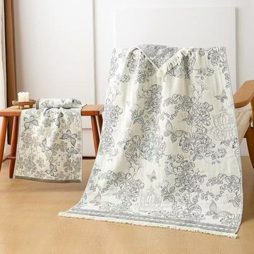 獨版樹浴巾 跨境新品4層提花紗布加大浴巾沙發巾可logo訂購毯子
