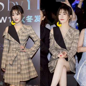 陳紫函明星同款格子西裝裙小香風2021春夏新款修身長袖露肩連衣裙