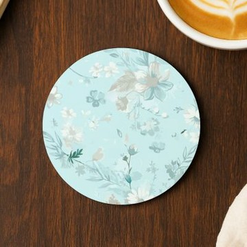 TRON 圓形軟式珪藻土10*10cm 田園風花卉 吸水杯墊 速乾杯墊 防潮杯墊－唯美小碎花水藍款