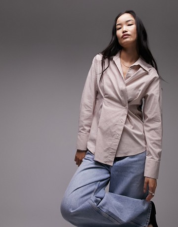 Topshop tuck detail poplin shirt in ecru & red stripe-Multi