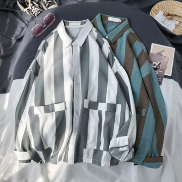 2024秋季新款韓版潮流條紋休閑襯衣chic港風寬松長袖襯衫外套上衣