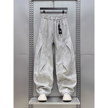 臟臟色牛仔褲男秋冬新款美式潮牌慵懶風寬松直筒褶皺闊腿褲男春秋