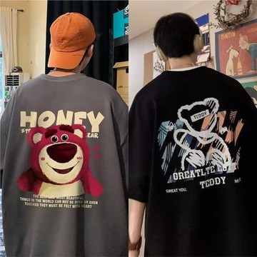 加肥加大碼純棉短袖t恤男士夏季港風重磅寬松半袖卡通印花上衣潮