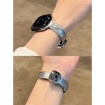 《台灣出貨》適用 APPLE WATCH 星星磁吸扣 荔枝紋 真皮錶帶 S11 S10 SE3 46mm 45 女士錶帶