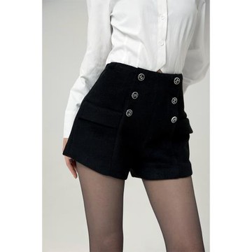 Barb Chill黑色毛呢闊腿短褲秋冬雙排扣直筒休閑百搭超高腰西裝褲