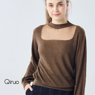 【Qiruo 奇若】秋冬專櫃網紗圓領長袖上衣6899A-80咖啡色百搭
