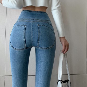 藍色高腰牛仔褲女年新款潮秋冬蜜桃臀緊身鉛筆彈力提臀小腳褲