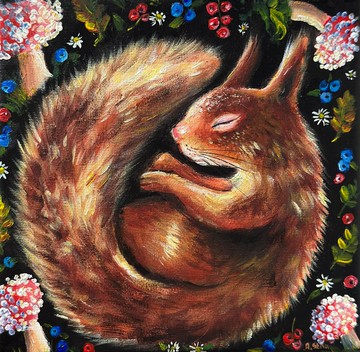 睡覺松鼠畫布畫、松鼠裝飾、林地動物、森林藝術