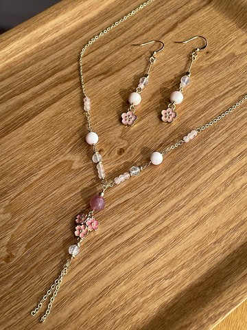 【撫子】粉晶/月亮石/摩根石/櫻花吊飾 頸鏈及耳環套裝 (可單購)