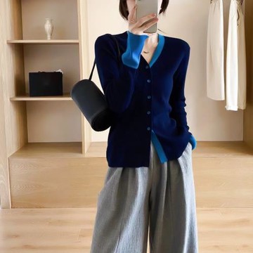 春季韓版修身單排扣毛衣外套春秋減齡撞色V領長袖打底羊毛針織衫