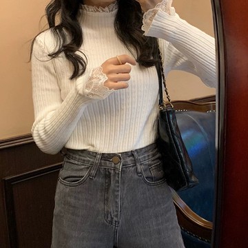 愛依依 針織衫 毛線衣 套頭 配大衣 保暖 新款蕾絲花邊拼接半高領打底衫毛衣寬鬆內搭保暖針織上衣-12771.