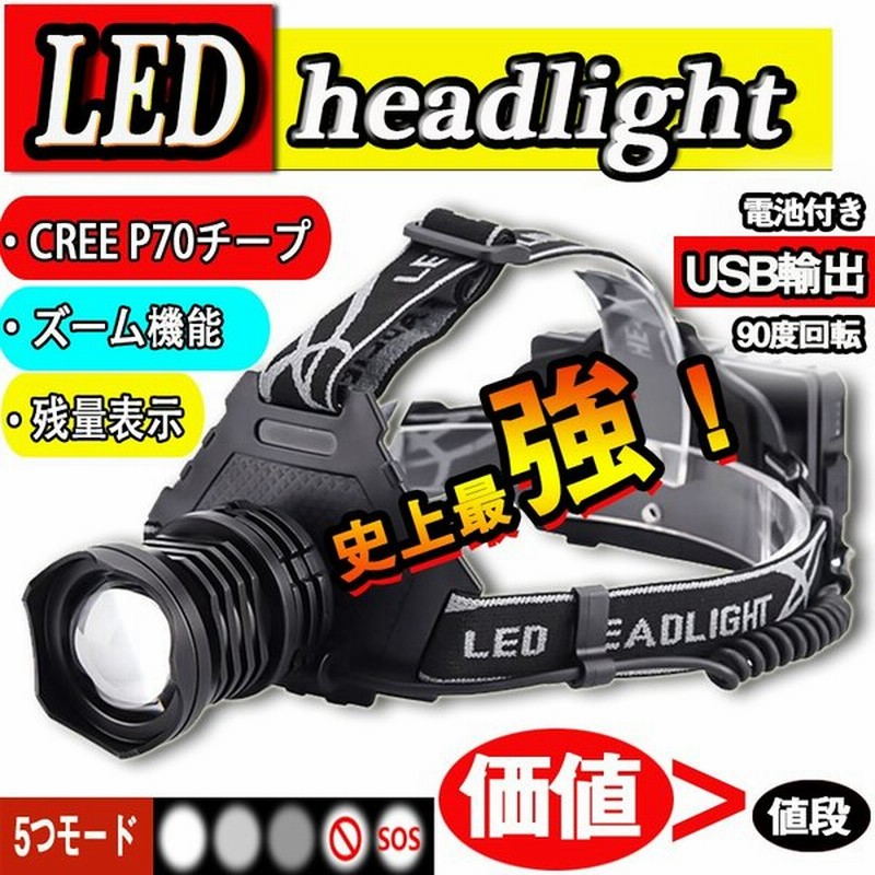 Ledヘッドライト 史上最強ルーメン 最高輝度 充電式 残量表示 伸縮ズーム 5段階の点灯モード Usb輸出 登山 夜釣り アウトドア作業 Sos 通販 Lineポイント最大get Lineショッピング