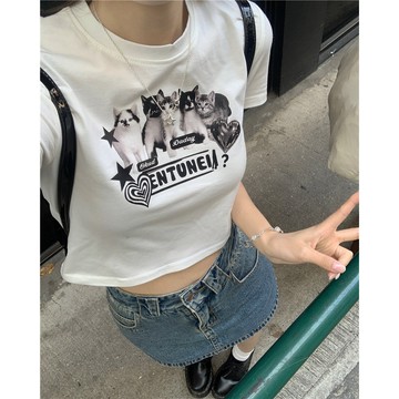 TGNS 純棉T恤 短袖衣服 短款上衣 純欲風 辣妹上衣 潮流衣服 夏天衣服 ins風衣服 潮牌 貓咪印花上衣