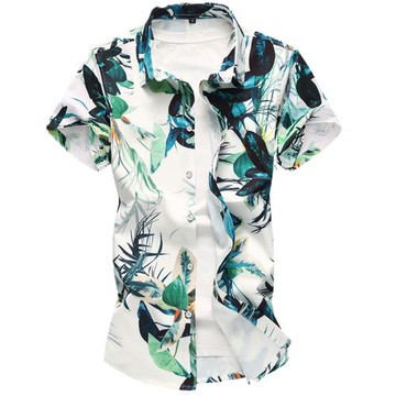 中國風夏季新款男士短袖花襯衫數碼印花青年修身夏威夷休閑花襯衣