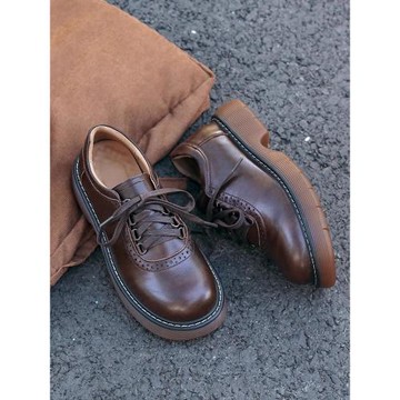 香港厚底小皮鞋女2025年春秋款圓頭真皮單鞋復古百搭布洛克樂福鞋