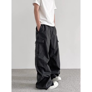 美式復古水洗做舊傘兵工裝褲男女潮牌寬松抽繩褶皺高街vibe闊腿褲