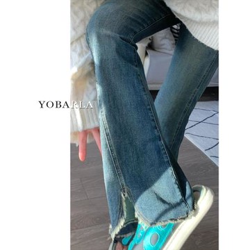 復古藍開叉毛邊微喇牛仔褲女秋冬加絨加厚大碼胖mm高腰顯瘦馬蹄褲