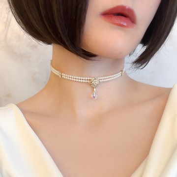 莫耳甫斯的沉睡 / 水晶玻璃與珍珠雙層金屬線頸鍊 SV677