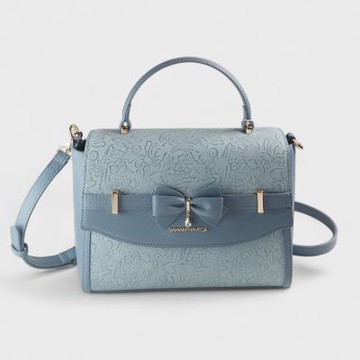 Samantha Thavasa SAMANTHAVEGA 花卉壓紋蝴蝶結手提包 斜背包(霧灰藍 附原廠精美提袋)