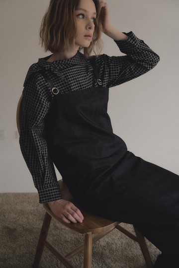 black plaid bow tie shirt 黑格領結襯衫