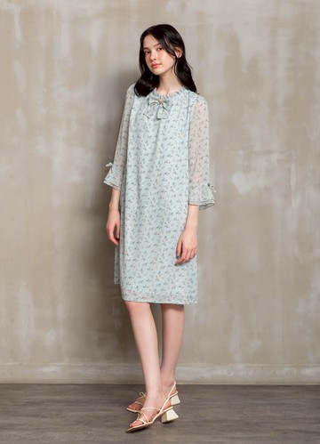 櫻草紛斕花朵印花A字雪紡洋裝（附腰帶）